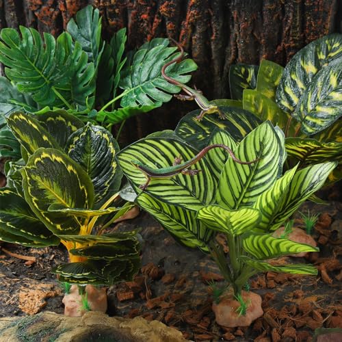 IBWell Reptile Terrarium Plants - Tortoise Habitat Accessories, Artificial Spider Plant for Gecko, Ball Python - Calathea Makoyana A
