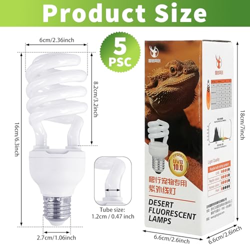 5 Pcs Uvb Reptile Light 10.0 26 W Compact Fluorescent Simulation Color Uvb Bulb for Turtle Bearded Dragon Lizard Gecko Desert Tropical Sub Tropical Reptiles