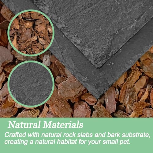Reptile Basking Platform,7.9"x3.9" Bearded Dragon Basking Slate Rock with Bark Substrate,Tortoise Rock Plate Feeding Dish Resting Climbing Tank Accessories for Lizards Snakes Turtles Gec - size: S | 7.9" x 3.9"Slate Rock with Bark Substrate