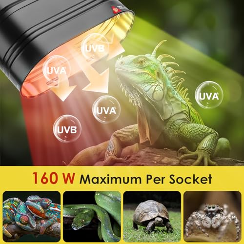 MIXJOY 11 inch Dual Reptile Light Fixture with 160W&125 Reptile Heat Lamp Bulb, Each UVA UVB Reptile Light Bulb with Separate Switches, for Reptile and Amphibian Use
