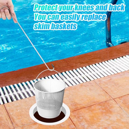 lasuroa 2pcs Swim Skimmer Basket Hook, 13.78in Long Stainless Steel Skimmer Basket Extension Handle Skimmer Lid Lifting Debris Removal Tool for Pool Maintenance Knee Saver & Hand Clean