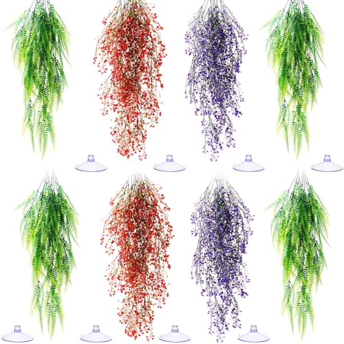 Suncalla 8 Pack Reptile Plants Terrarium Hanging Plant Vine Boston Climbing Terrarium Plant with Suction Cup for Bearded Dragons Lizard Crested Gecko Snake Crab Tank(Tri Color Series,3 Colors) - style: Tri Color Series