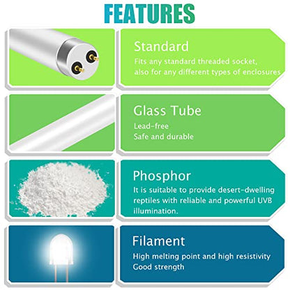 T8 Rainforest Terrarium Fluorescent Lamp Tube 18" Full Spectrum UVB Bulb, UVA/UVB 5.0 Reptile Light for Reptiles and Amphibian, 15 Watt, 110V