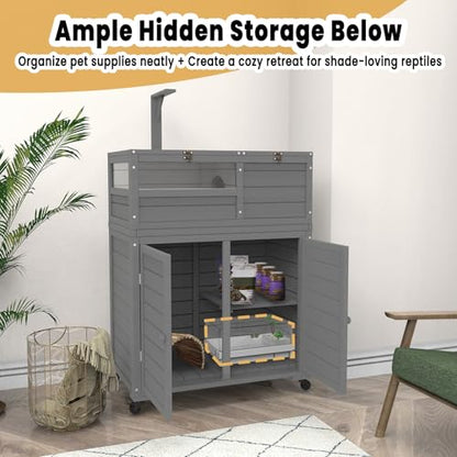 Wooden Tortoise Habitat with Storage and Wheels, Large Turtle Enclosure Cage with Lamp Holder & Easy-Clean Tray, Tortoise Enclosure Indoor & Outdoor, Reptile Enclosure with for Gecko, Lizard, Snake