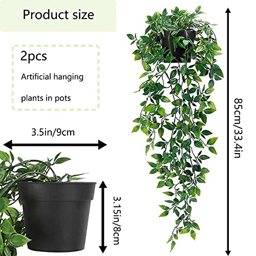 Artificial Hanging Plants, 2pcs artificial plants indoors in pots, Greenery Fake Plants Decor, Small Artificial Plants in Pots, Fake Potted Plants, Faux Plants for Wall Home Room Office Decor