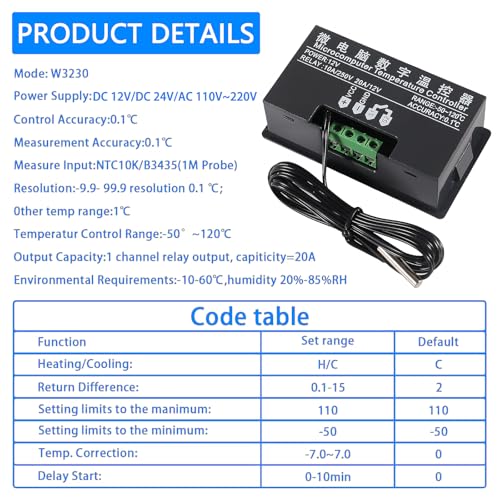 2pcs Digital Temperature Controller W3230 Digital LED Thermostat Switch with Waterproof Probe DC 12V Programmable Heating Cooling Electronic Thermostat Control -50℃ to 120℃ - color: DC 12V