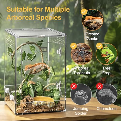 Reptile Tank,12" x 12" x 18" Crested Gecko Terrarium,PC Transparent Tall Vertical Starter Kit,Arboreal Tarantula Habitat with Ventilation for Tree Frog Cribs,Leopard Gecko Cage,Small Reptiles - size: 12*12*18inch