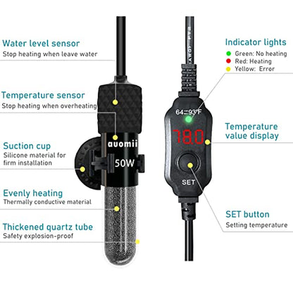 Mini Submersible Aquarium Heater,200 Watts Adjustable Fish Tank Heater, Built-in Thermometer, External Temperature Controller, Smart Memory, Used for 1-60 Gallons (200 Watts) - size: 200 Watts