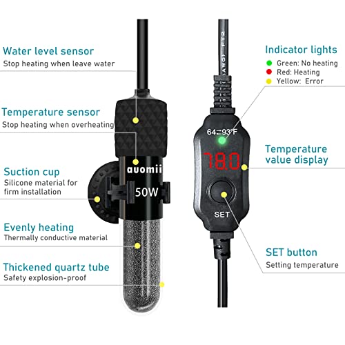Small Submersible Aquarium Heater,Adjustable Mini Fish Tank Heater 25/50/100/150/200/300 Watts with External Temperature Controller, LED Display, Smart Memory, Used for 1-60 Gallons (50W) - size: 50 Watts