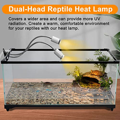 Reptile Heat Lamp, Dual Head Reptile Light with Cycle Timer, Dimmable UVA/UVB Basking Light for Turtle Tortoise Lizard Snake Bearded Dragon and More, 4 Bulbs (2PCS 25W + 2PCS 50W) Included