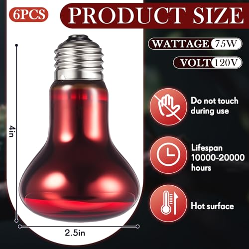 VIHOSE 6 Pack 75 W Reptile Heat Bulbs Red Heat Lamp Bulb Infrared Lamp Red Basking Light Bulbs for Reptiles, Bearded Dragon, Lizard, Tortoise, Chickens, Leopard Gecko, Amphibian, Pets - color: Infrared