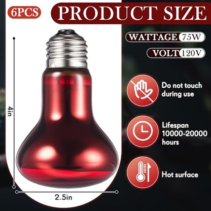 VIHOSE 6 Pack 75 W Reptile Heat Bulbs Red Heat Lamp Bulb Infrared Lamp Red Basking Light Bulbs for Reptiles, Bearded Dragon, Lizard, Tortoise, Chickens, Leopard Gecko, Amphibian, Pets - color: Infrared