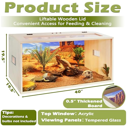 PROLEE Bearded Dragon Tank, 68 Gallons Wooden Reptile Enslosure, Tempered Glass Lizard Tank, Large Bearded Dragon Enclosure with Built-in Lamp Fixture for Lizard - size: 68Galons