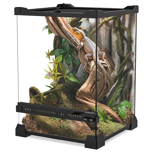 Reptile Terrarium 8"x8"x12" Mini, Front-Opening Glass Tank with Mesh Lid & Lock, 360° Glass Enclosure for Small Reptiles, Frogs, Tarantulas, Jumping Spiders & Geckos - size: 8" x 8" x 12"