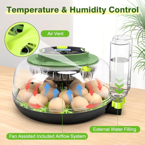 18 Chicken Egg Incubator with Temperature Control, Humidity Display, Auto Egg Turner, Egg Candler, 2 Size Egg Trays, Chick Incubaotrs for Hatching Eggs Digital Incubator for Chicken, Duck Eggs - style: 18 Eggs