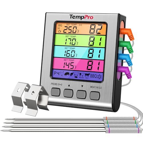 TempPro TP17H Digital Meat Thermometer with 4 Temperature Probes, HI/Low Alarm Smoker Food Thermometer with Colored Backlit LCD, BBQ Thermometer for Cooking Grill Kitchen Oven (Previously ThermoPro) - size: 4-probes