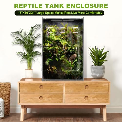 5-Sided Blackout Reptile Tank Enclosure, 16×16×24 inch Crested Gecko Tank Enclosure, Front Opening Reptile Enclosure with Mesh Top for Crested Geckos Small Lizards Tree Frogs & Arboreal Pets