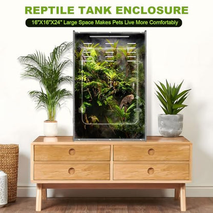 5-Sided Blackout Reptile Tank Enclosure, 16×16×24 inch Crested Gecko Tank Enclosure, Front Opening Reptile Enclosure with Mesh Top for Crested Geckos Small Lizards Tree Frogs & Arboreal Pets