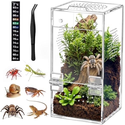 Pre-Assembled Jumping Spider Enclosure, Acrylic Terrarium with Magnetic Door & All-Side Ventilation, Habitat for Spiderling, Mantis, Tarantula, Snail, 3.5"×3.5"×7" (Tweezer & Temp Sticker Included) - size: Small Vertical (3"×3"×7")