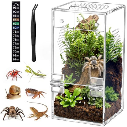 Pre-Assembled Jumping Spider Enclosure, Acrylic Terrarium with Magnetic Door & All-Side Ventilation, Habitat for Spiderling, Mantis, Tarantula, Snail, 3.5"×3.5"×7" (Tweezer & Temp Sticker Included) - size: Small Vertical (3"×3"×7")