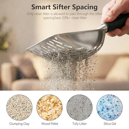 Cat Litter Scoop, Kitty Metal Scooper, Heavy Duty Aluminum Deep Sifter with Long Handle, Rustproof Durable Kitten Poop Shovel for Travel & Small Litter Box - color: Black, size: Medium