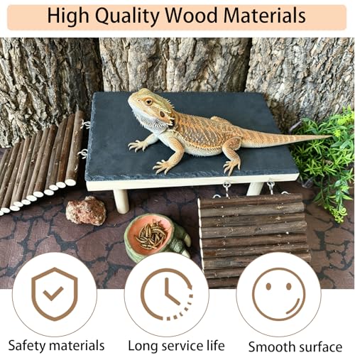 Wooden Bearded Dragon Platform Reptile Basking Platform Climbing with Slate Stone Tank Accessories for Leopard Gecko Lizard Tortoise Snake (Medium Applewood) - size: medium(B)