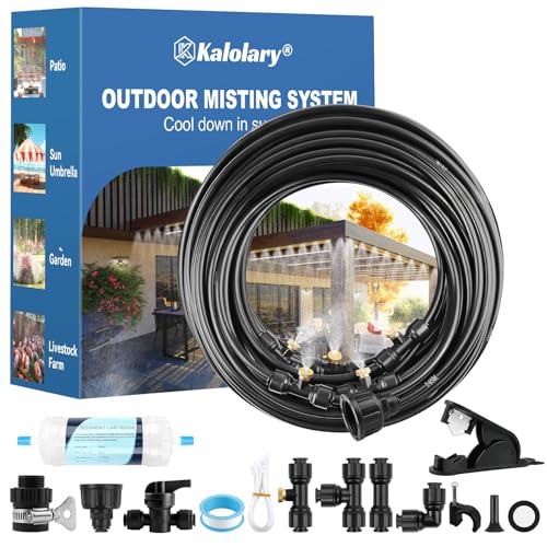 Kalolary Misting Cooling System, 100ft Misters for Outside Patio with Water Filter, 100FT(30M) Misting Line, 30 Brass Mist Nozzles & 2 PE Adapters 3/4" Outdoor Mister for Backyard Garden Greenhouse - size: 100FT-Black