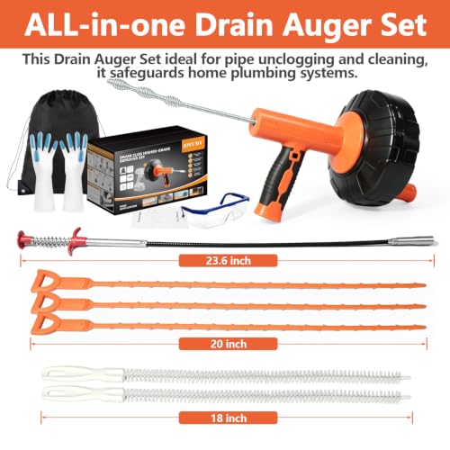 Drain Snake 8Set-33Ft Drain Clog Remover,34inch Heavy Duty Plumbing Snake,20inch Hair Clog Remover,18inch Cleaning Brush,Goggles and Gloves for Bathtub,Toilet,Sewer,Kitchen Sink,Drainage Pipe - style: 10SET Heavy Duty