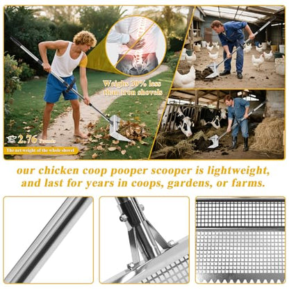 12in Wide chicken poop scooper and rake，Aluminum Poop Scoop Shovel for Cleaning Coops, Sand, Bedding，Adjustable Long Handle， Garden, Farm, Livestock Waste Removal Tool，chicken coop accessories