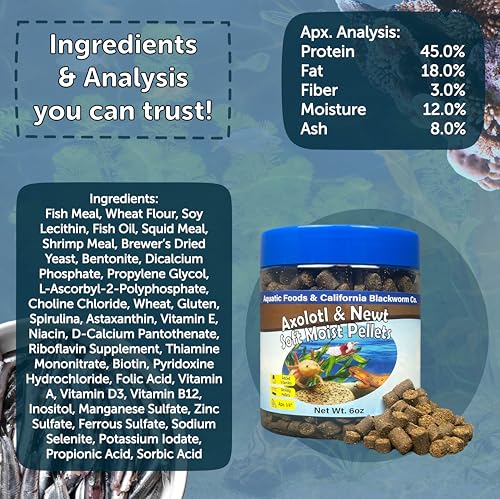 Axolotl Pellet Food 1/4" Soft Moist Sinking Pellets for Juvenile Axolotl Also Shrimp, Snails, Crayfish, Bottom Tropical Fish, Blackworm Pellets Included 12oz Canister