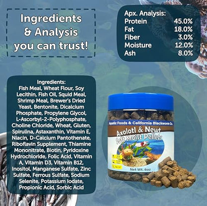 Axolotl Pellet Food 1/4" Soft Moist Sinking Pellets for Juvenile Axolotl Also Shrimp, Snails, Crayfish, Bottom Tropical Fish, Blackworm Pellets Included 12oz Canister