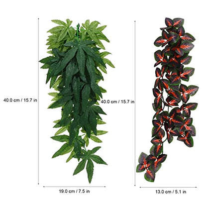 POPETPOP Reptile Plants - 4Pcs Fake Plants for Reptiles Hanging Terrarium Plant with Suction Cup Plastic Terrarium Leaves for Bearded Dragons Lizards Geckos Snake