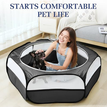 2-in-1 Small Animals Playpen with Pad, Waterproof Small Pet Cage Tent with Reusable Pad, Portable Outdoor Yard Fence with 3 Metal Rod for Chick/Kitten/Puppy/Guinea Pig/Rabbits/Chinchillas, Black+Gray - color: U-Black + Gray