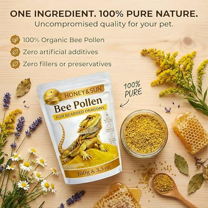 HONEY&SUN® (4oz) Organic Bee Pollen Powder – Bearded Dragon Food Topper & Reptile Vitamins, 100% Pure Natural Supplement for Healthy Skin & Color