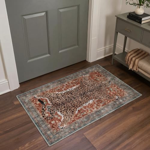 Bavni 2x3 Leopard Rug, Machine Washable Cheetah Door Mat,Soft Animal Small Boho Rugs Non Slip Low Pile Non-Shedding Throw Indoor Print Woodland Jungle Carpet for Entryway Front Door Bathroom,Red - color: Leopard/Red, size: 2'x3'