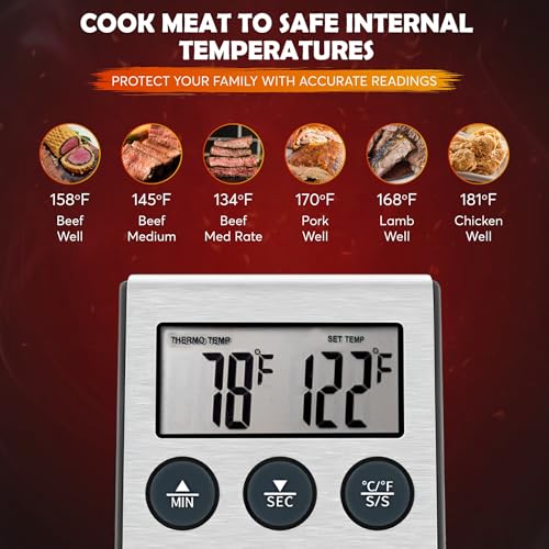 Digital Thermometer for Cooking with Stainless Steel Probe & Timer Alert – Accurate Temperature Control for Grill, Oven & BBQ – Digital Meat Thermometer Instant Read