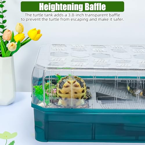 Turtle Habitat Spacious Turtle Tank Kit with Rain Shower Filter SPA & Easy Drain - Perfect for Baby Turtles, Red Eared Sliders Tortoises Green, 18.2×9.2×8 Inch