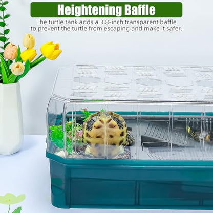 Turtle Habitat Spacious Turtle Tank Kit with Rain Shower Filter SPA & Easy Drain - Perfect for Baby Turtles, Red Eared Sliders Tortoises Green, 18.2×9.2×8 Inch