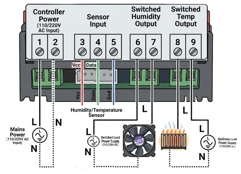 Humidity & Temperature Controller Control for Curing Chamber Pet Animal Drying Moisture Plant Hydroponic Grow Closet Hydro Cabinet Room Wetness Dampness Meter 2 Relay Output 10 Amp