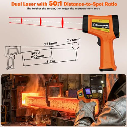 Dual-Laser Infrared Thermometer, -58°F to 2732°F (-50°C to 1500°C) Temperature Gun, 50:1 Non-Contact Temp Gun for Metal Smelting, Furnace, HVAC, Pizza Oven & Engine Diagnostics - color: -58°F to 2732°F ，Dual-Laser