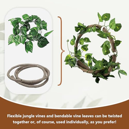 kathson Reptile Hideout Wooden Bridge Bearded Dragon Hammock Reptiles Jungle Climbing Vines Flexible Leaves Bearded Dragon Accessories for Lizard Gecko Chameleon Snake Hamster(5 Pcs)