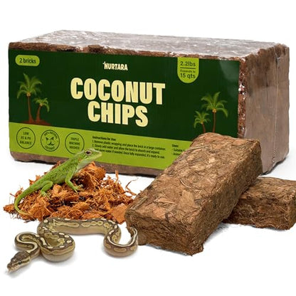 Coconut Chips Substrate 2 Bricks | 1.1 Lbs Each | Reptile Bedding for Ball Python, Bearded Dragon, Tortoise, Gecko, Lizard, Frog | Odor Absorbing | Coconut Chips for Plants, Orchid Bark Mulch - size: 2.2 Lbs (Pack of 2 - 1.1 Lbs Each)