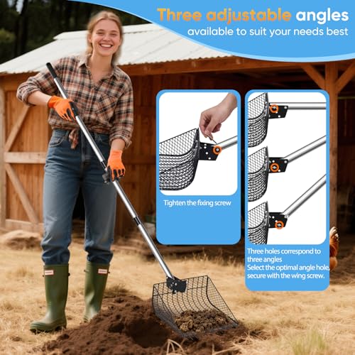 12inch Large Metal Chicken Poop Scooper for Sand with Ergonomic Grip, Adjustable Angle 2 in 1 Chicken Coop Scoop & Rake (39-66"), Stainless Steel Litter Sifting Shovel Chicken Coop Cleaning Tool, Farm