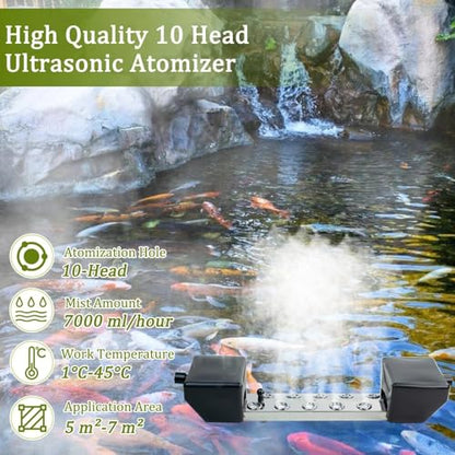 10 Head Ultrasonic Mist Maker Fogger Machine (7000ml/H), Industrial Humidifier Fog Machine 110V 350W, Ultrasonic Mister with Floats for Halloween Atmosphere Vegetable Preservation Landscape - size: 10 Head