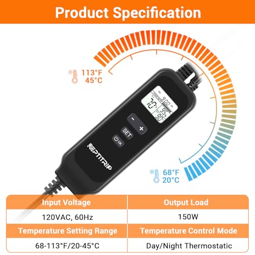 8.5-Inch Day/Night Thermostatic Reptile Heat Lamp with 150W Ceramic Heat Emitter (Non-Light Emitting) - Heat Lamp Temperature Controller for Bearded Dragons, Snakes & Lizard, E26