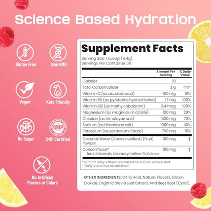 2400 MG Electrolyte Powder – Zero Sugar Keto Electrolytes for Hydration & Fasting Support – with Magnesium, Potassium, Coconut Water, & Himalayan Salt – Raspberry Lemonade Lyte Up – 30 Servings
