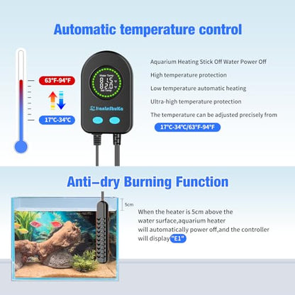 100W Submersible Fish Tank Heater for 10-20 Gallon with Auto Shut-Off When Leaving Water—Aquarium Heater, Dry-Burn & Overheat Protection, Smart LED Display for Betta Freshwater Saltwater - size: 100W