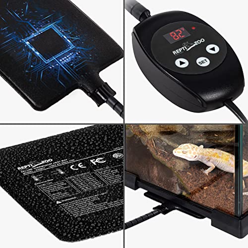 REPTI ZOO Upgrade Reptile Heat Mat with Thermostat - 6 x 8 Inch Reptile Heating Pad with Temperature Control for 10-20 gal Tank Reptiles Amphibians Hermit Crab Snake Lizard - size: 11W