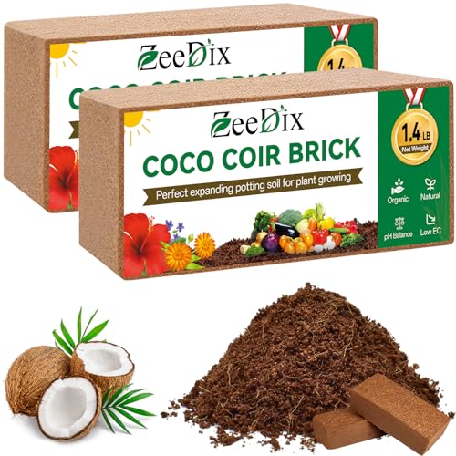 ZeeDix 2 Pcs Coco Coir Brick for Plants- 100% Organic Coconut Coir for Garden Soil & Potting Mix, Low EC and pH Balance, Compressed Coconut Husk Fiber for Seed Starter Soil for Indoor Outdoor Plants - size: 2pcs
