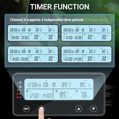 Reptile Temperature Controller with Timer, PID Reptile Digital Thermostat, 3-Channel Thermometer Hygrometer w/Memory, 2 IN 1 Day Night Temperature Humidity Gauge for Heat Lamp Bulb Humidifier